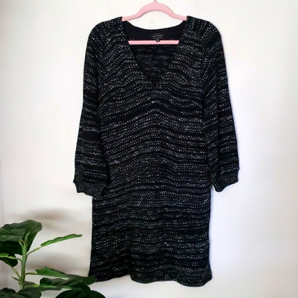 Lucky Brand sweater dress with pockets, puff sleeve v neck, neutral, women small